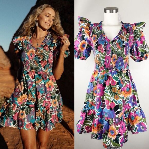 Baltic Born Kyrie Puff Sleeve Short Dress Womens L Colorful Smocked Ruffle - Picture 1 of 8